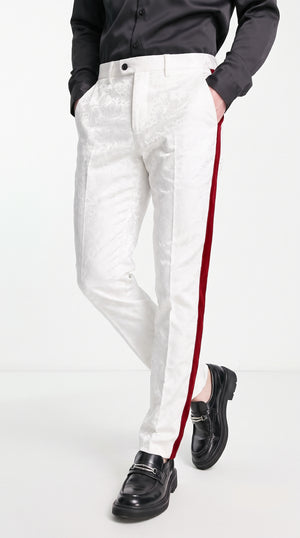 Men’s White Tuxedo Pants with Red Satin Side Stripe, Formal Wedding Prom Dress Trousers