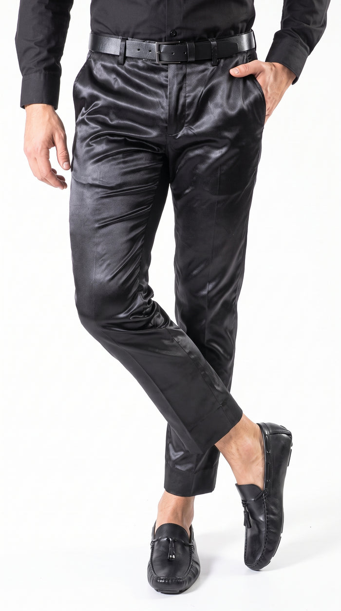 Men’s Black Shiny Dress Pants, Modern Formal Party Pants for Prom and Special Events