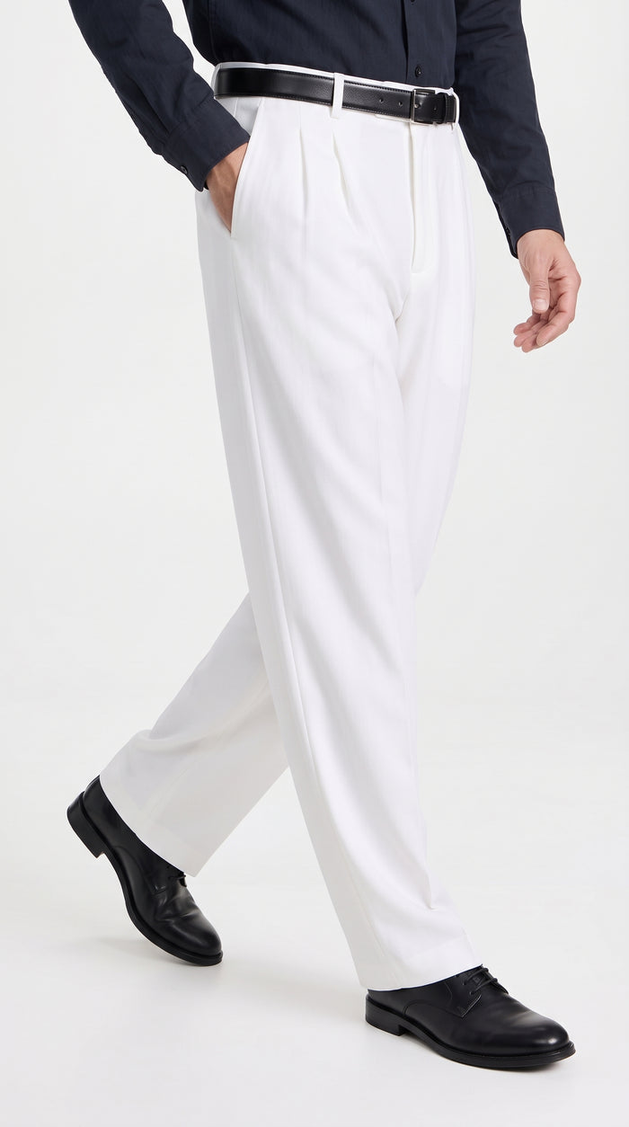 Men’s White Wide Leg Pleated Dress Pants, Baggy Fit Formal Slacks with Unhemmed Bottoms