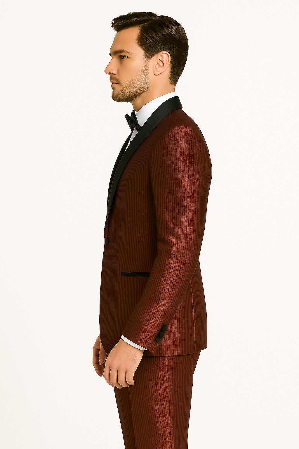 Men's Burgundy Shiny Tuxedo with Black Satin Shawl Lapel – Ultra Slim Fit Party & Prom Suit - Image 5