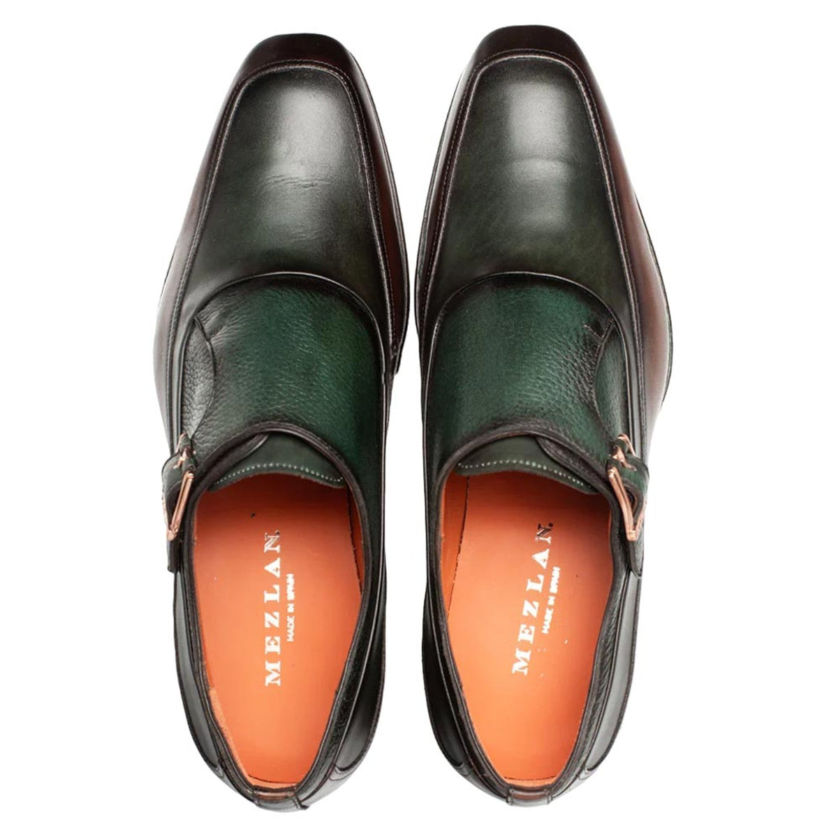 Artesano Men's Chocolate/Forest Patina Calfskin Two-Toned Monk Strap Shoes By Mezlan Made In Spain Brand - Image 3