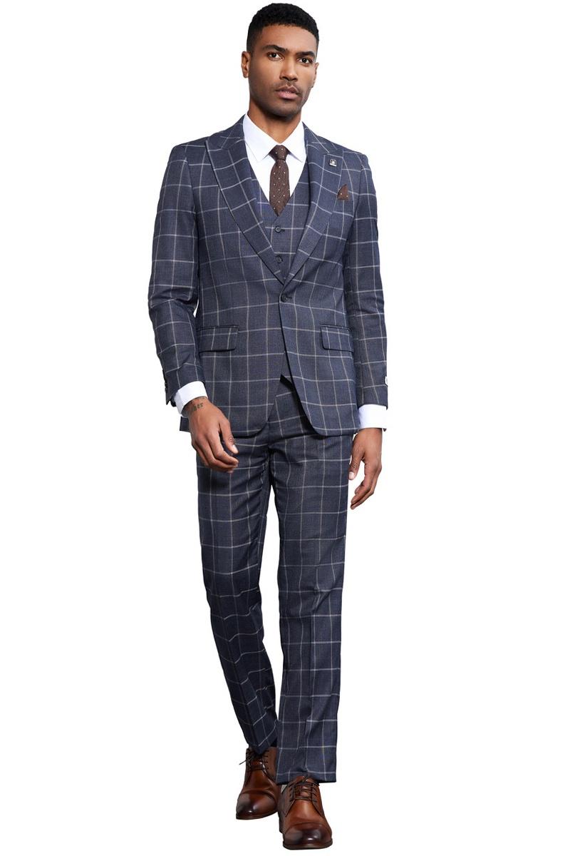 Men's Stacy Adams Classic One Button Vested Windowpane Suit in Charcoal Grey - Image 2