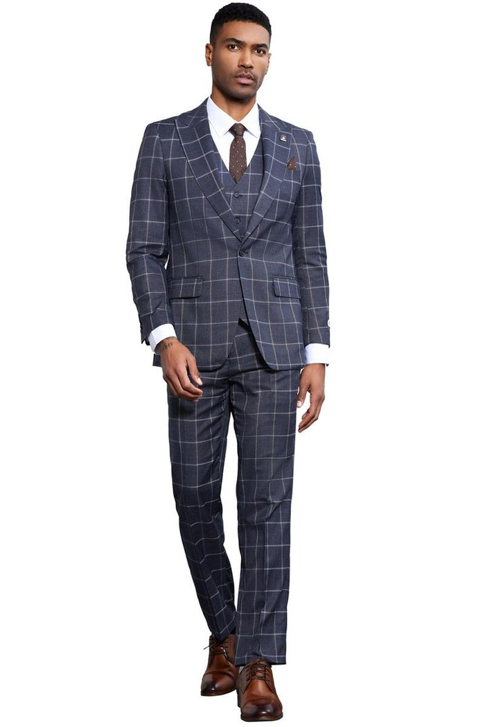 Men's Stacy Adams Classic One Button Vested Windowpane Suit in Charcoal Grey - Image 2