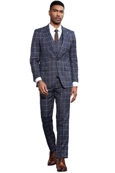 Men's Stacy Adams Classic One Button Vested Windowpane Suit in Charcoal Grey - Image 2