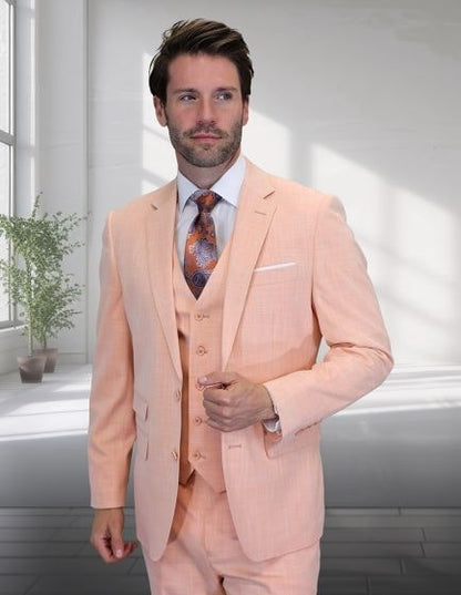 Men’s Peach Light Orange Blush 3 Piece Summer Suit with 2 Button Jacket and Ticket Pocket