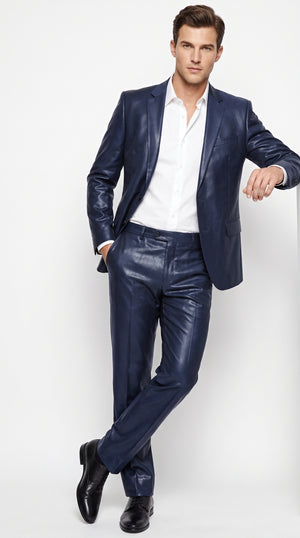 Men’s Dark Navy Blue Shiny Sharkskin Suit – 2-Button Side-Vent Formal Wedding & Prom Suit