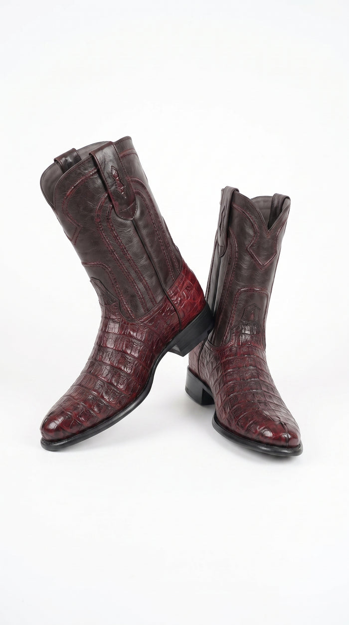 Los Altos Men’s Cherry Black Genuine Caiman Belly Roper Toe Boots, Exotic Western Dress Boots