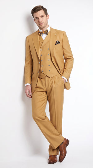 Men’s Camel Big & Tall 3-Piece Wool Suit – Peak Lapel Classic Fit with Double-Breasted Vest & Pleated Pants
