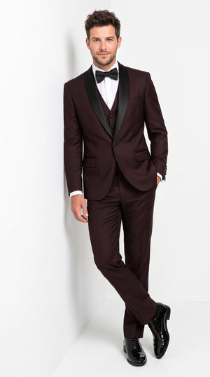 Men's Burgundy Wine 3-Piece Tuxedo Suit – Plum Maroon Shawl Lapel Vested Dinner Jacket & Formal Wedding Suit