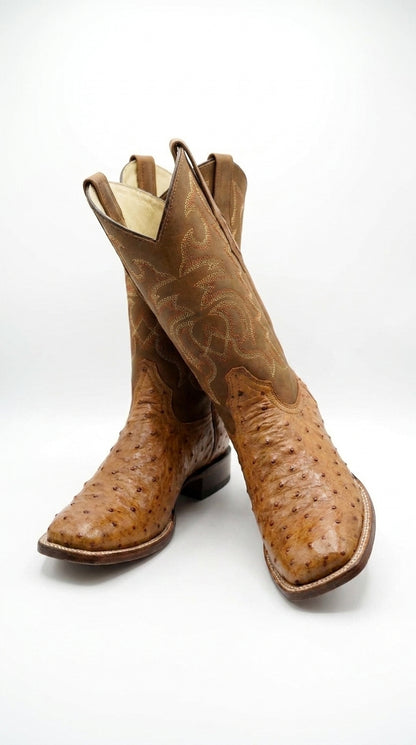 Los Altos Men’s Amber Ostrich Skin Wide Square Toe Boots, Exotic Western Cowboy Dress Boots