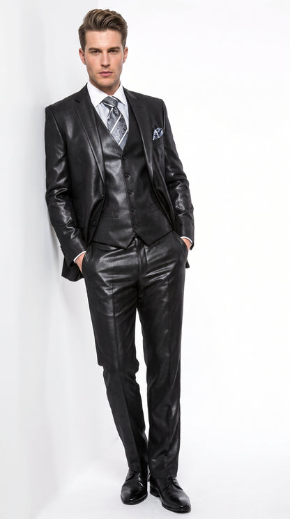 Men's Black Shiny Sharkskin 3-Piece Vested Suit – Flashy Satin Finish Formal Wedding, Prom & Party Suit