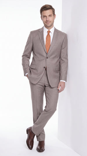 Men's Tan Wool 2-Piece Classic Fit Suit – 2-Button Notch Lapel Jacket & Flat Front Dress Pants for Business, Weddings & Formal Wear