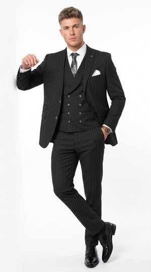 Men’s Black Gangster Pinstripe 3-Piece Suit – 2 Button Jacket with Double-Breasted Vest, Modern Fit