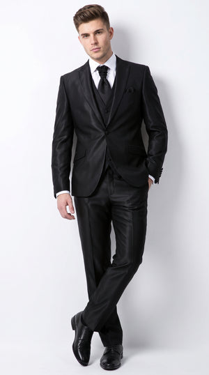 Men's Black Shiny Sateen 3-Piece Vested Suit – Elegant Formal Prom, Wedding & Party Suit