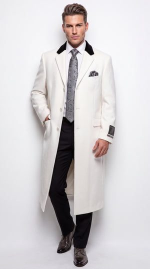 Men’s White Chesterfield Overcoat – Full-Length Wool & Cashmere Dress Coat
