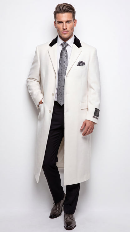 Men’s White Chesterfield Overcoat – Full-Length Wool & Cashmere Dress Coat