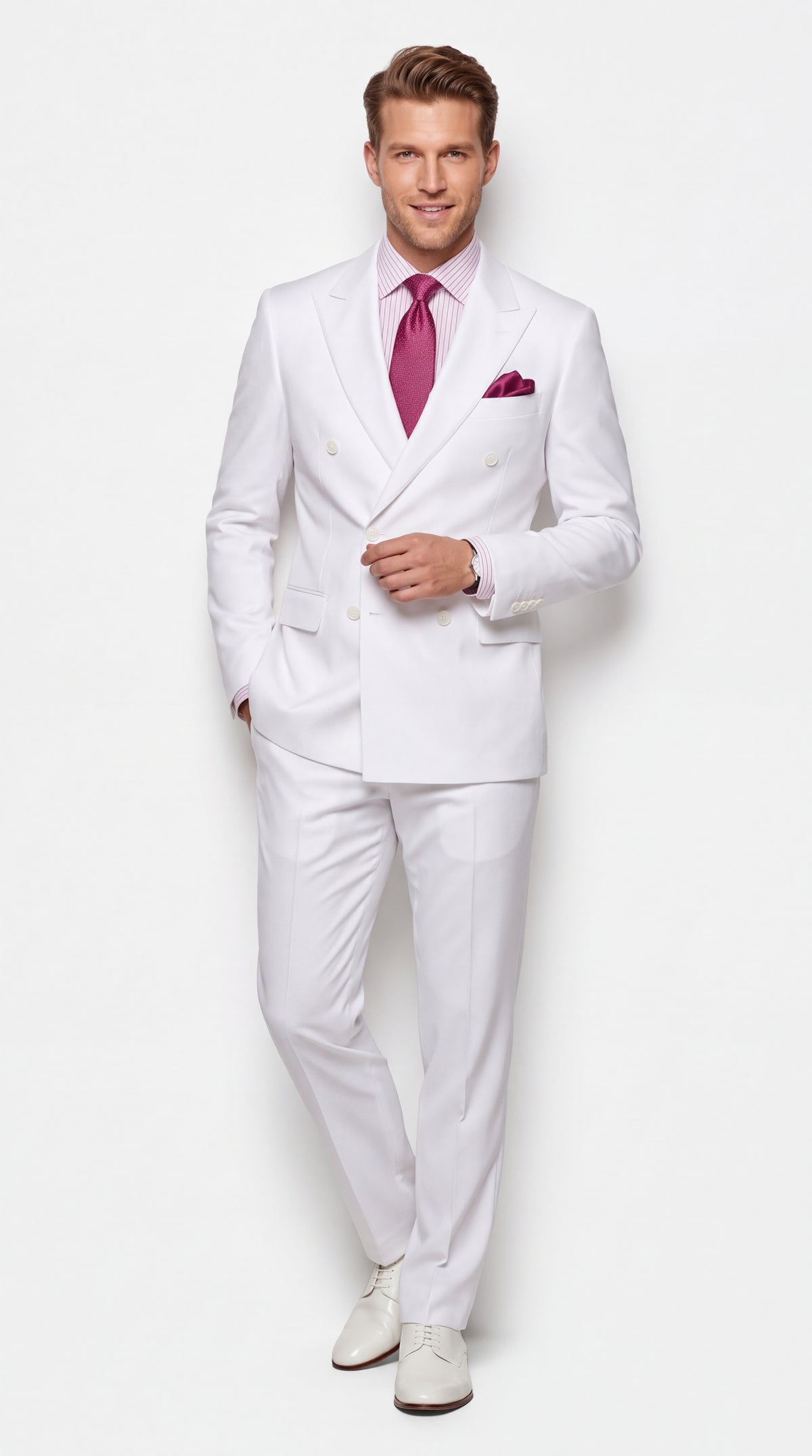 Apollo King Men’s White Double-Breasted Suit – Classic Luxury Wool-Feel Pleated Pants Suit