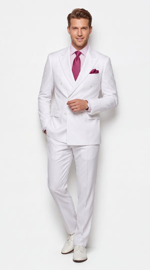 Apollo King Men’s White Double-Breasted Suit – Classic Luxury Wool-Feel Pleated Pants Suit