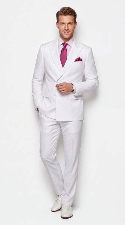 Apollo King Men’s White Double-Breasted Suit – Classic Luxury Wool-Feel Pleated Pants Suit