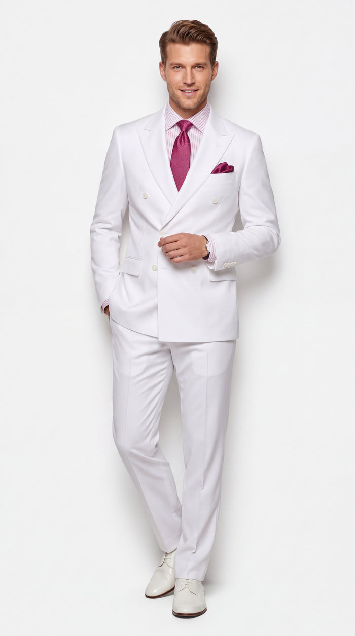 Apollo King Men’s White Double-Breasted Suit – Classic Luxury Wool-Feel Pleated Pants Suit