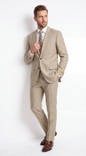 Men’s Beige Big & Tall Linen Suit – 2-Button Summer Wedding & Beach Suit