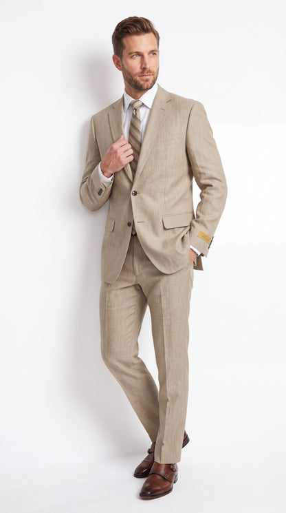 Men’s Beige Big & Tall Linen Suit – 2-Button Summer Wedding & Beach Suit