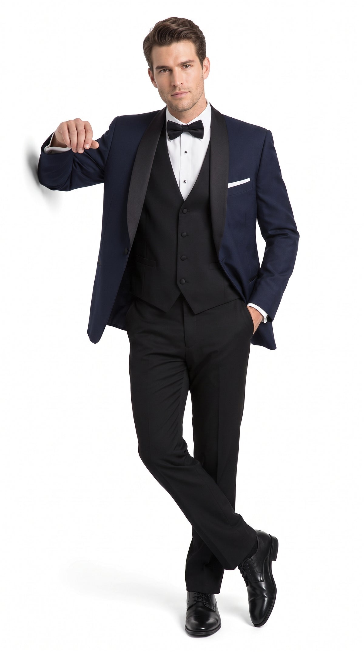 Men’s Big & Tall Navy Blue Tuxedo – Black Satin Shawl Lapel Formal Wedding & Prom Suit