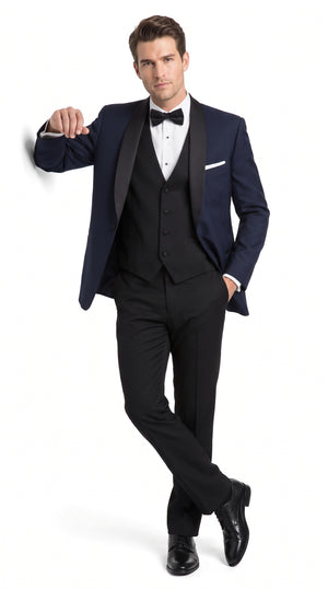 Men’s Big & Tall Navy Blue Tuxedo – Black Satin Shawl Lapel Formal Wedding & Prom Suit