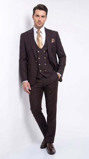 Rossi Man Max Chocolate Brown 3-Piece Suit – Men’s Formal Suit with Double-Breasted Vest & Gold Buttons