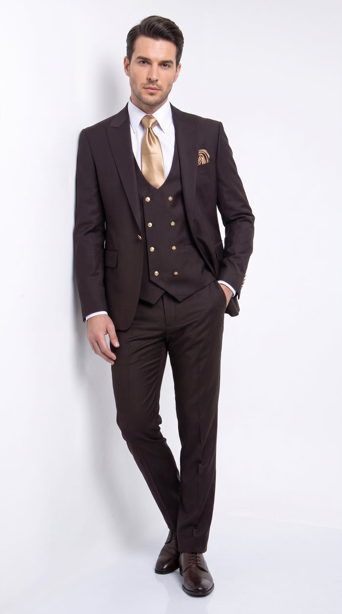 Rossi Man Max Chocolate Brown 3-Piece Suit – Men’s Formal Suit with Double-Breasted Vest & Gold Buttons