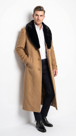 Men’s Camel Wool Full-Length Top Coat with Black Fur Collar – Classic Winter Overcoat