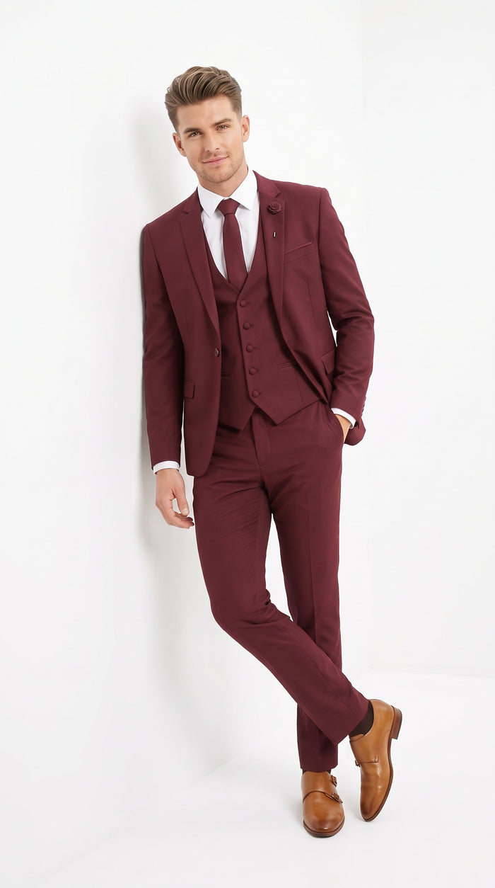 Mens 3-Piece Burgundy Slim Fit Suit with Vest – Wedding, Prom and Formal Wear