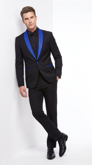 Men’s Black One-Button Suit with Royal Blue Shawl Lapel – Prom & Formal Suit