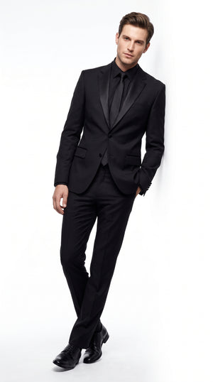 Men’s Black 2-Button Tuxedo Package Deal – Black Dress Shirt & Tie Formal Suit Set