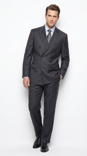 Men’s Dark Grey Double-Breasted Wool Suit – Peak Lapel, Side Vent & Pleated Pants Formal Suit