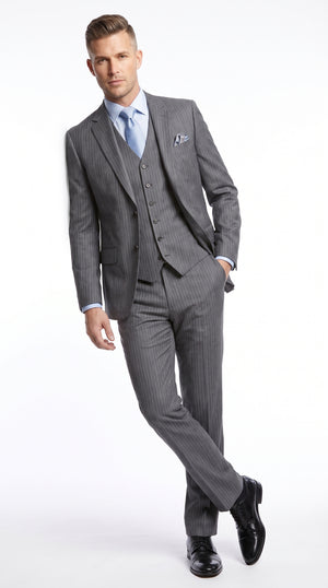Men's Charcoal Grey Pinstripe 3-Piece Suit – Classic 2 Button Vested Formal Business & Wedding Suit in Super 150's Extra Fine Italian Fabric
