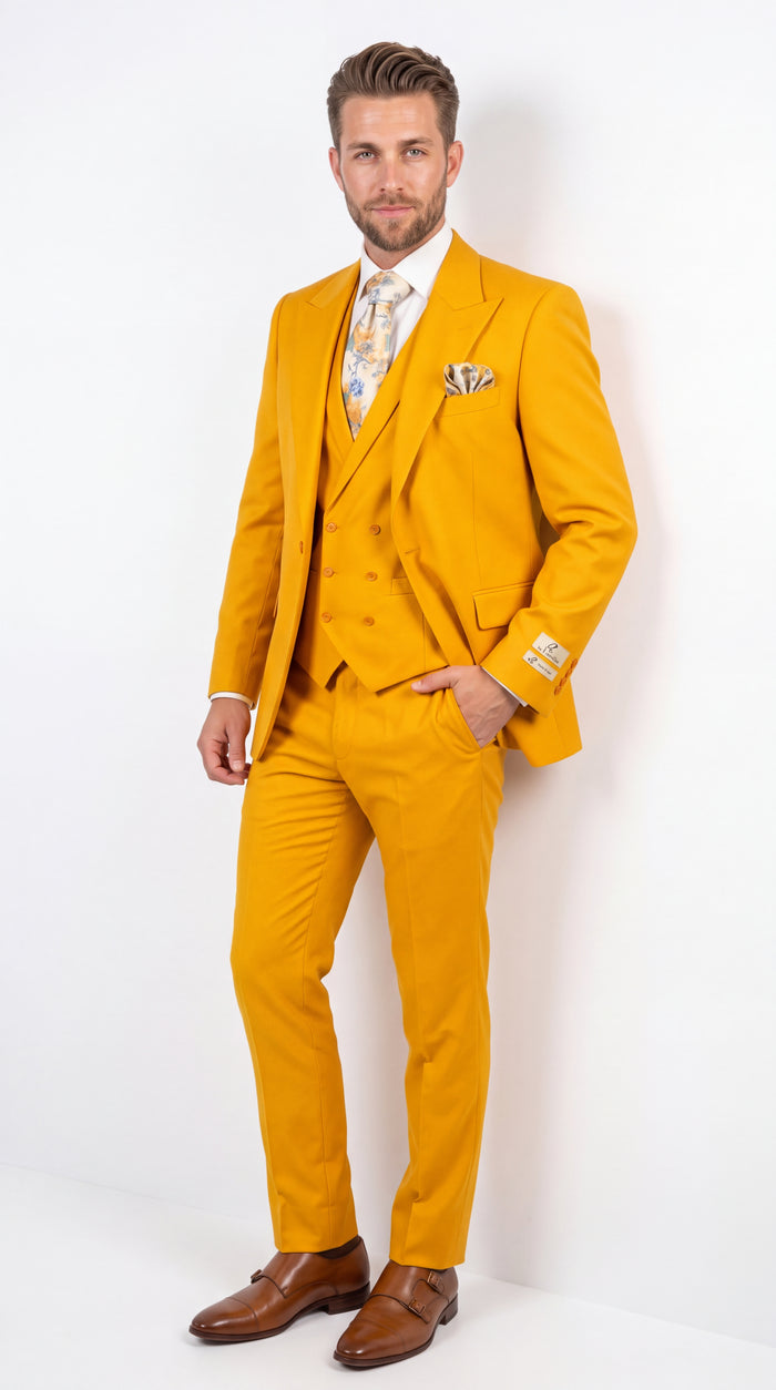 Rossi Man ELI RM103 – Men’s Bold Yellow Modern Fit 3-Piece Suit with Peak Lapel