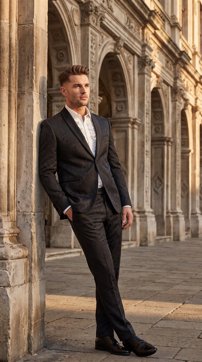 Men’s Black Paisley Floral Suit – Patterned Prom & Wedding Formal Suit