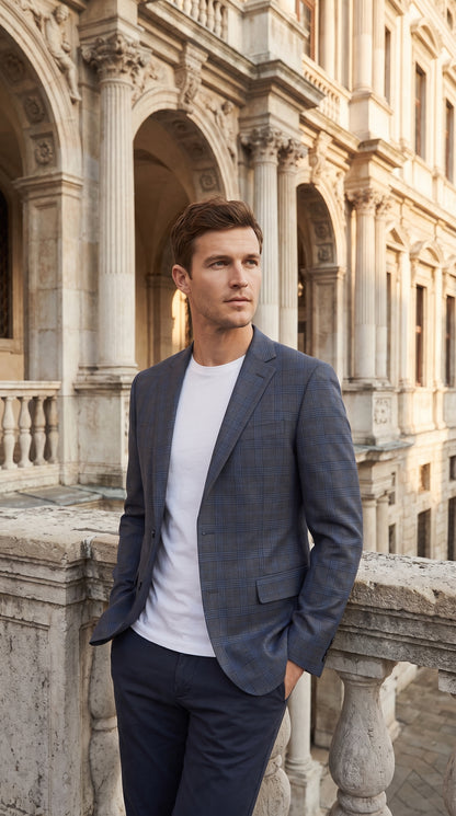 Men’s Charcoal Grey & Blue Plaid Blazer – Windowpane Pattern Sport Coat for Business, Wedding & Formal Wear