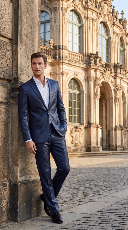 Men’s Dark Navy Blue Shiny Sharkskin Suit – 2-Button Side-Vent Formal Wedding & Prom Suit