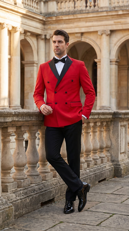 Men’s Red Double Breasted Tuxedo – Black Peak Lapel Prom & Wedding Suit