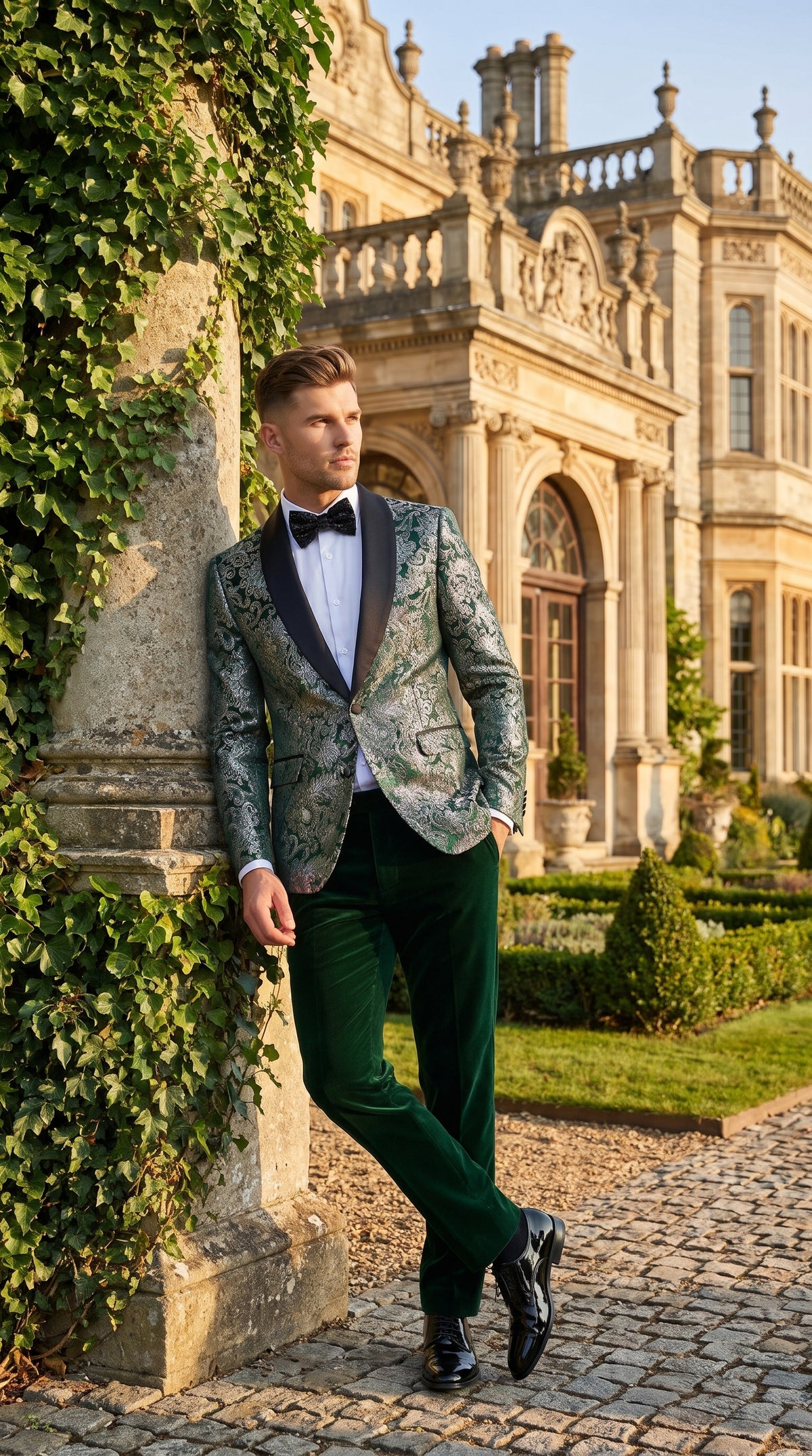 Men’s Emerald Green and Gold Floral Jacquard Tuxedo Suit, Black Satin Shawl Lapel Wedding Prom Formal Suit