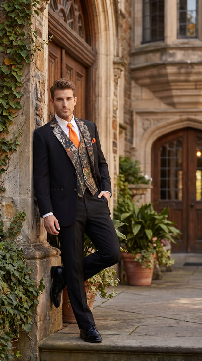 Men’s Black Camo Tuxedo Suit, Slim Fit 2 Button Wedding Prom Suit with Camouflage Vest and Lapels