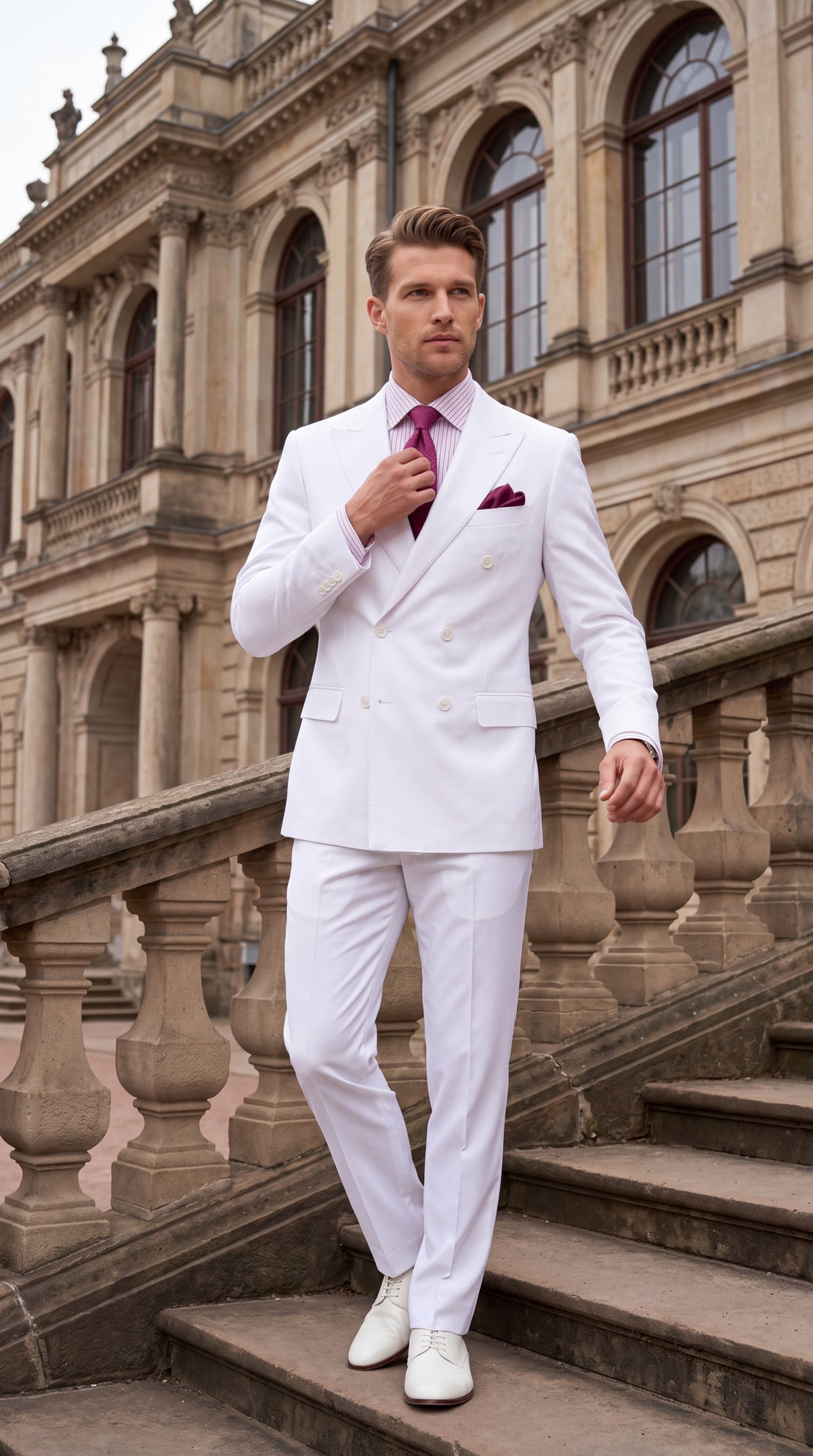 Apollo King Men’s White Double-Breasted Suit – Classic Luxury Wool-Feel Pleated Pants Suit