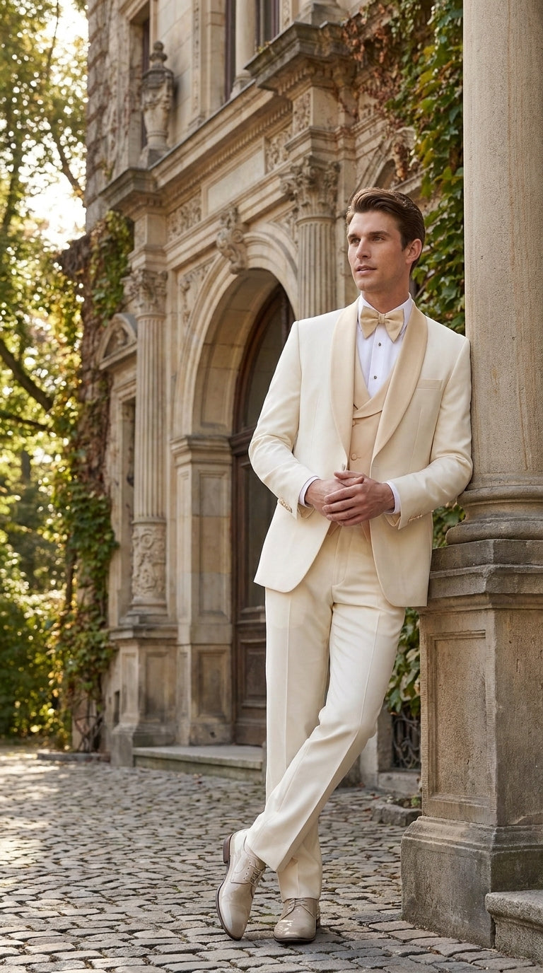Men’s Champagne Cream Ivory Suit, Off White Formal Wedding Groom Tuxedo Suit