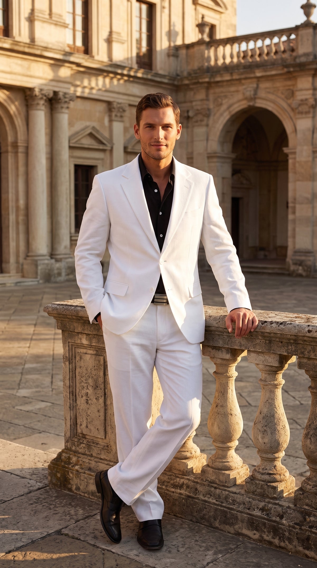 Men’s White 2-Button Suit – Classic Two-Piece Formal Suit with Black Shirt Look