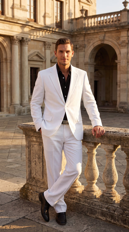 Men’s White 2-Button Suit – Classic Two-Piece Formal Suit with Black Shirt Look