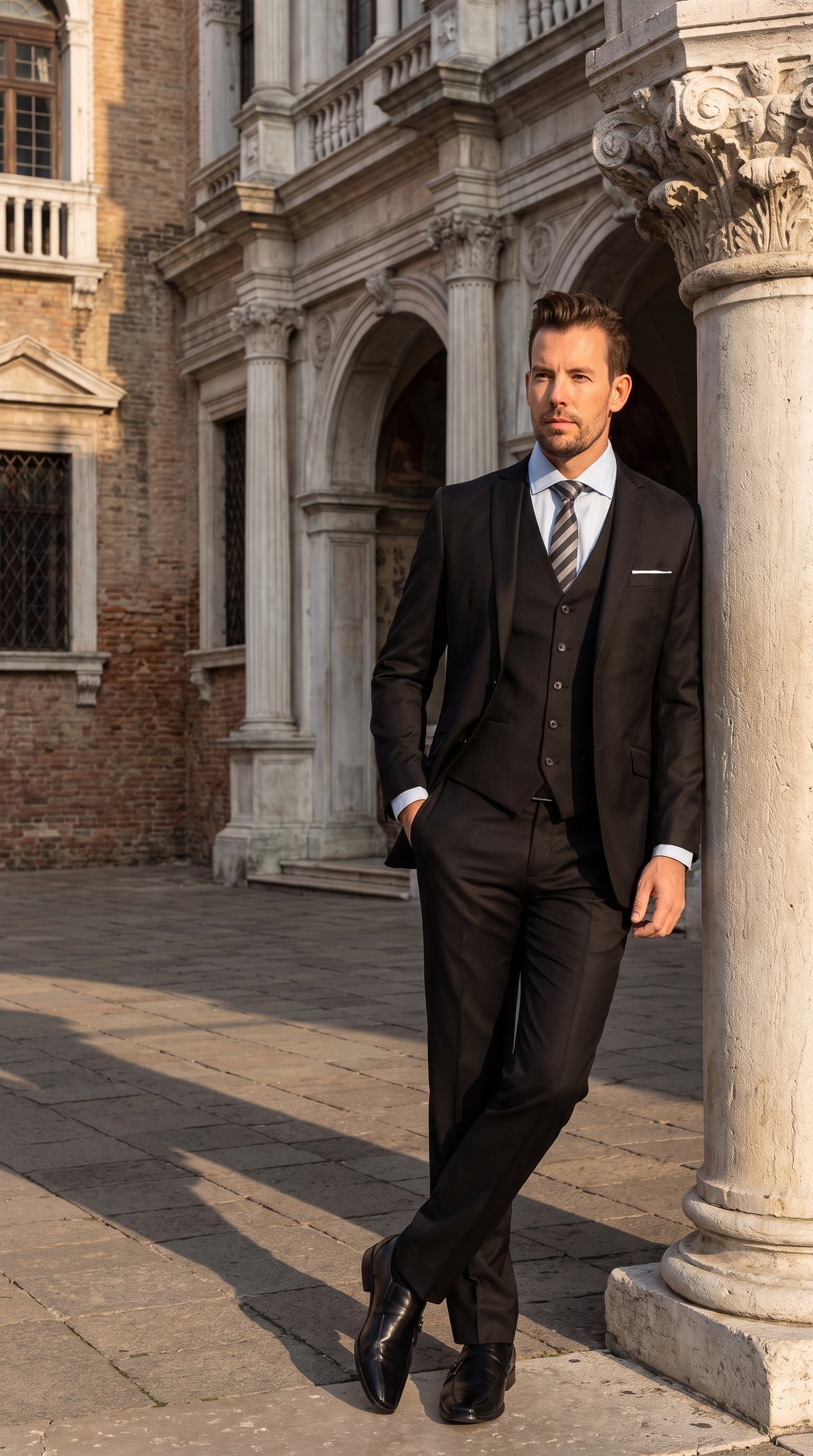 Men’s Black 3-Piece Vested Suit – Two-Button Formal Suit with Vest & Flat-Front Pants