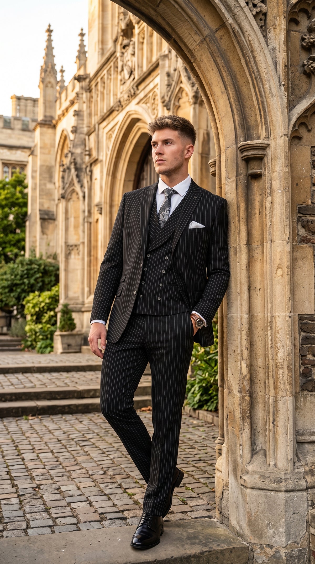 Men’s Black Gangster Pinstripe 3-Piece Suit – 2 Button Jacket with Double-Breasted Vest, Modern Fit