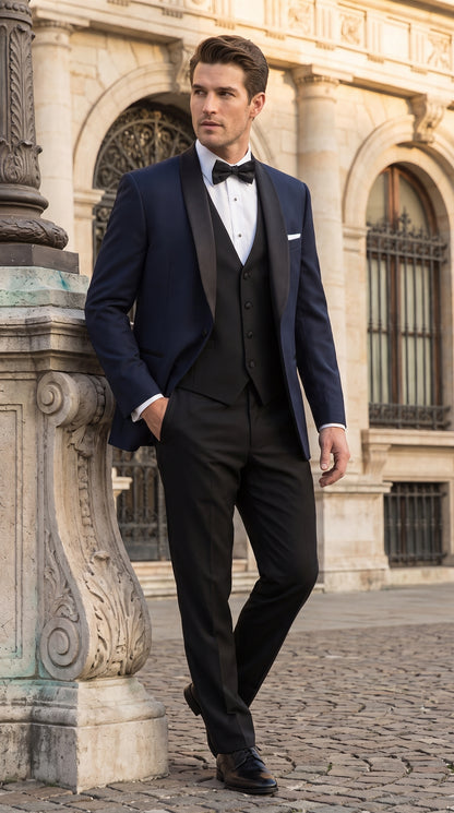 Men’s Big & Tall Navy Blue Tuxedo – Black Satin Shawl Lapel Formal Wedding & Prom Suit